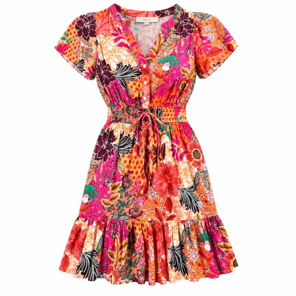 LOFT Floral Mini Dress Womens MP Pink Orange Patchwork Smocked V-Neck Tropical